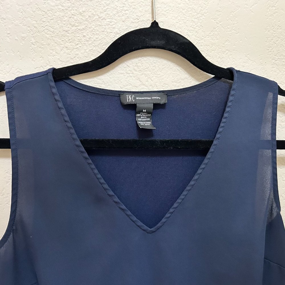 Inc International Concepts Flowing handkerchief hem, sleeveless, Navy Blouse. - Picture 4 of 5